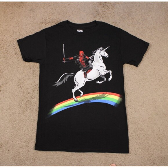 Marvel Deadpool Riding Unicorn Rainbow Graphic Tee (SM) Black Cotton Licensed - Picture 1 of 5
